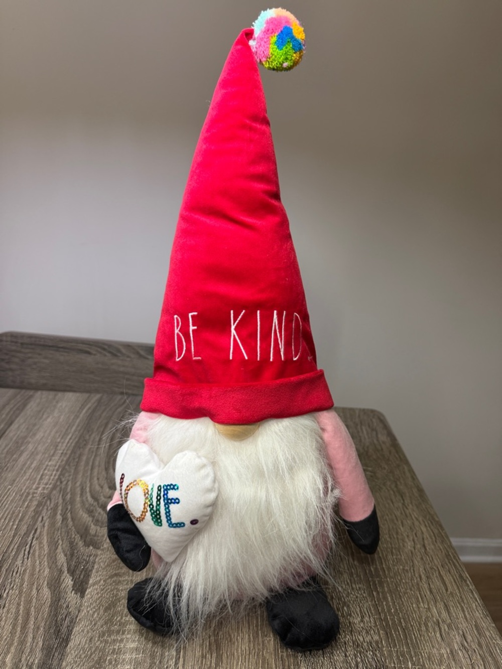 Rae Dunn Red & Pink 'Be Kind' Gnome with Rainbow Pom Pom and Heart